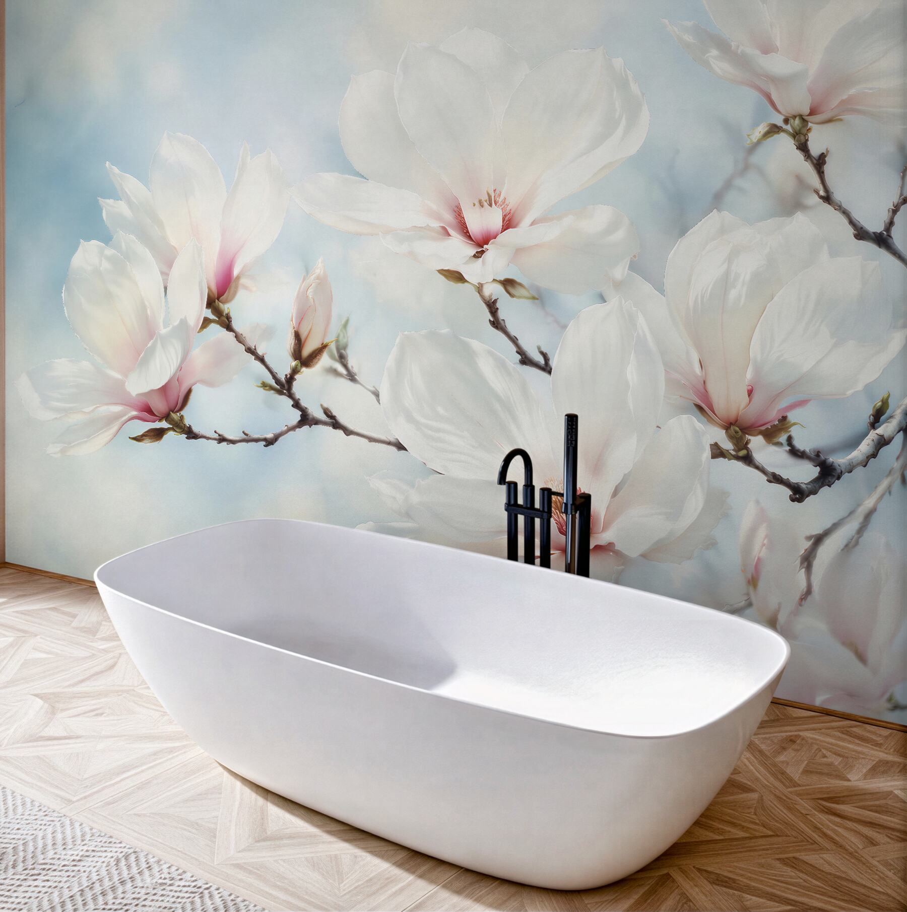Fototapeten Zarte Magnolie auf blauem Hintergrund