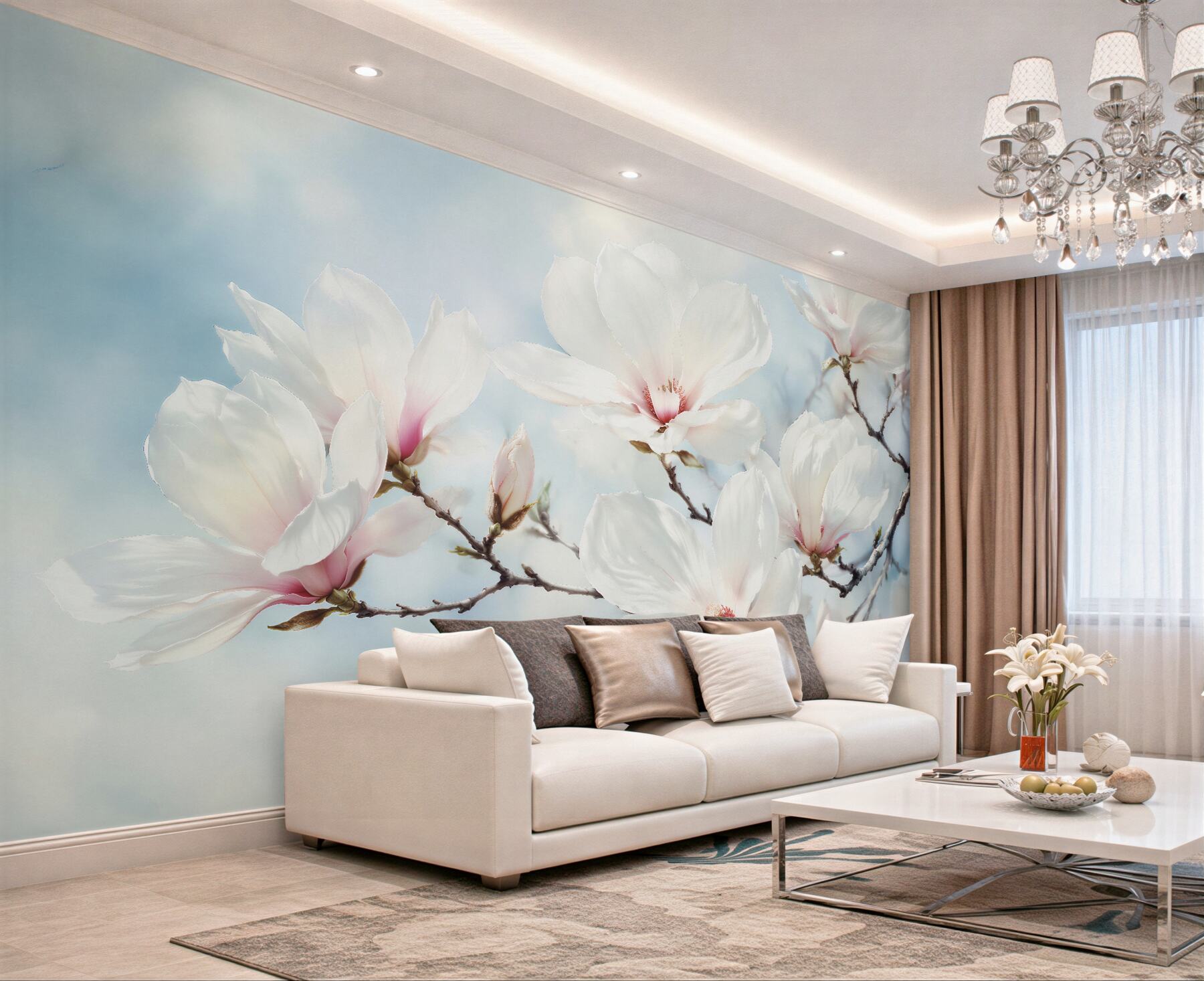 Fototapeten Zarte Magnolie auf blauem Hintergrund