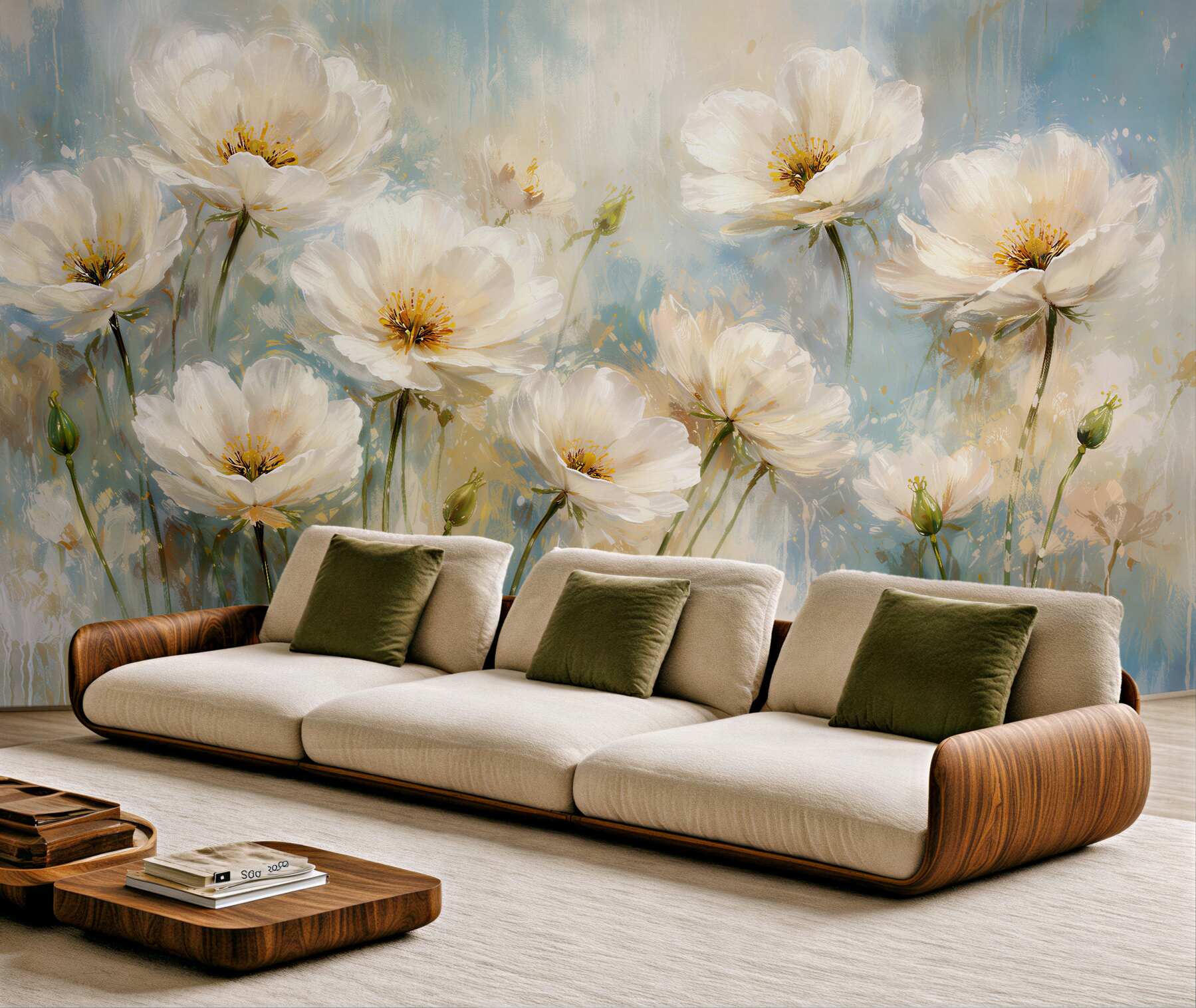 Fototapeten Weiße Blumen auf blauem Hintergrund