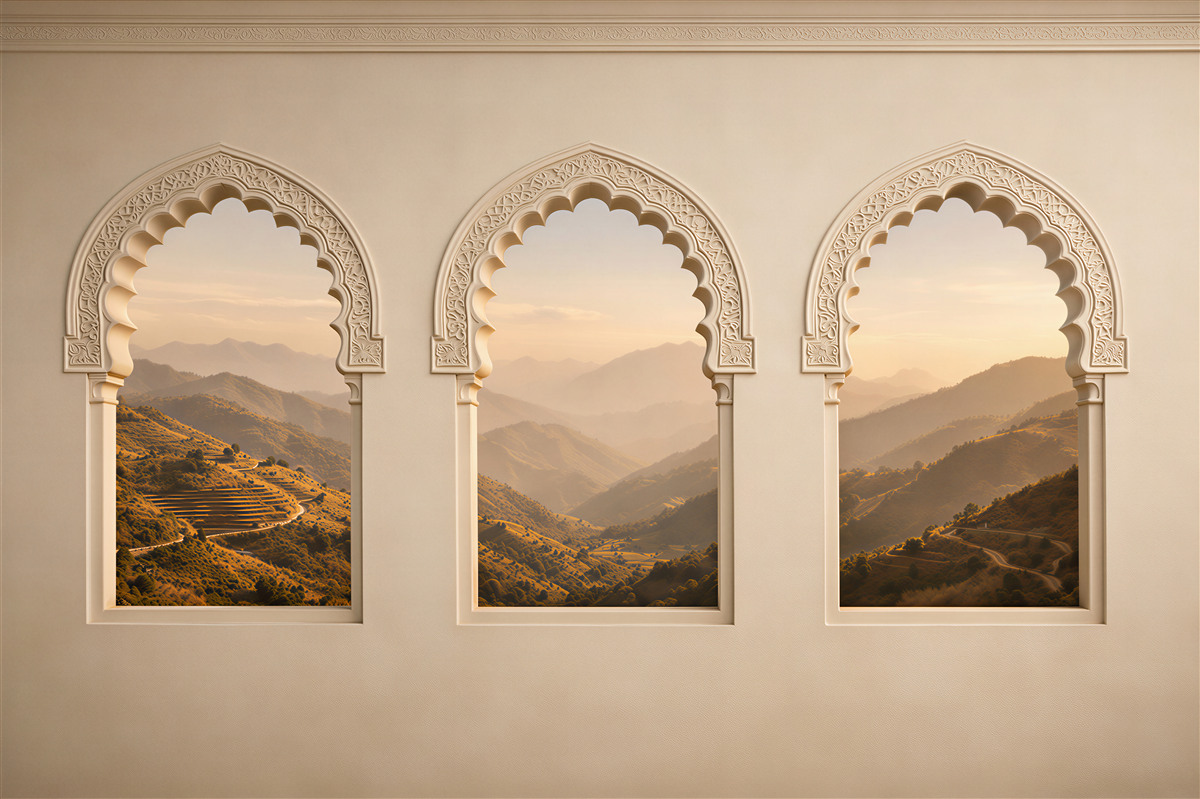 Fototapeten Orientalische Fenster mit Bergblick
