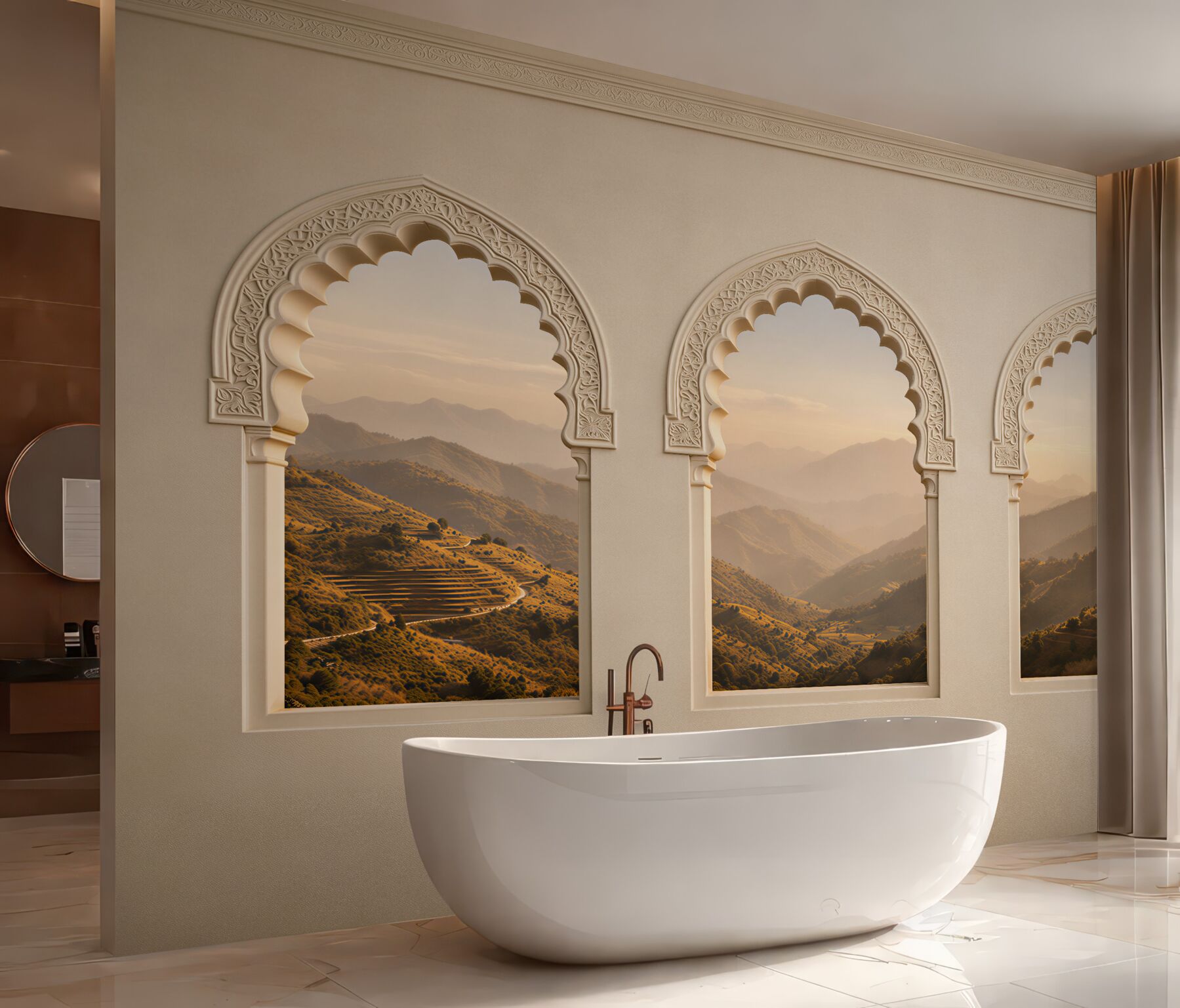 Fototapeten Orientalische Fenster mit Bergblick