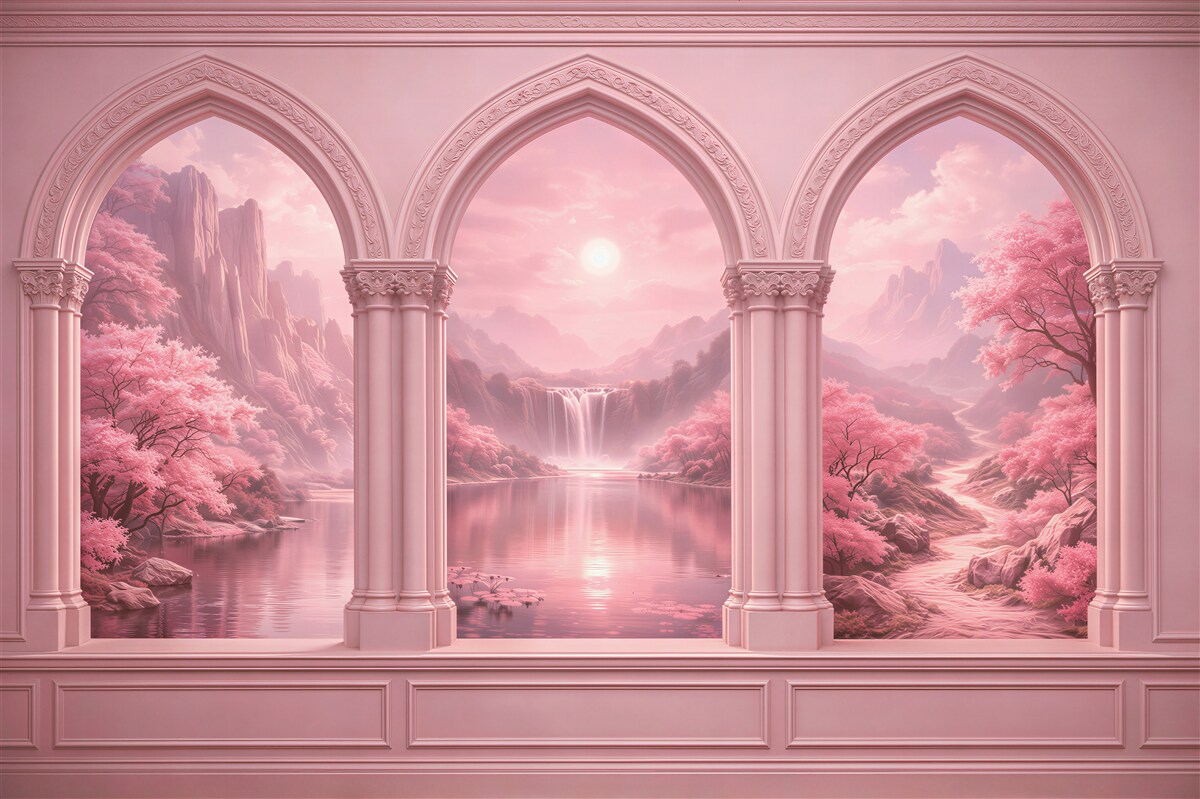 Fototapeten Rosa Arkade mit märchenhafter Landschaft