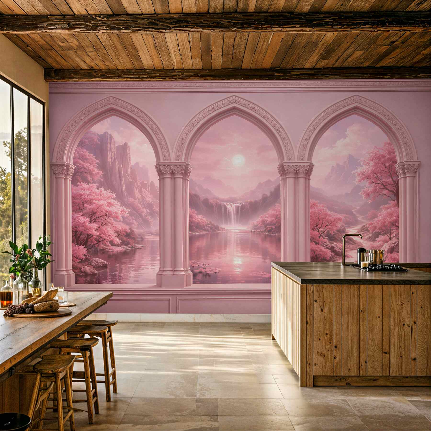 Fototapeten Rosa Arkade mit märchenhafter Landschaft