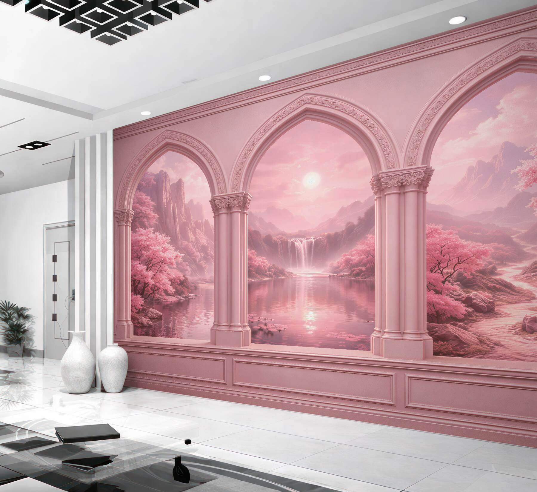 Fototapeten Rosa Arkade mit märchenhafter Landschaft