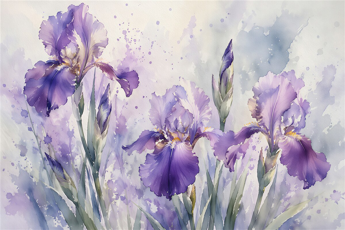 Fototapeten Violette Irisblüten in Aquarell