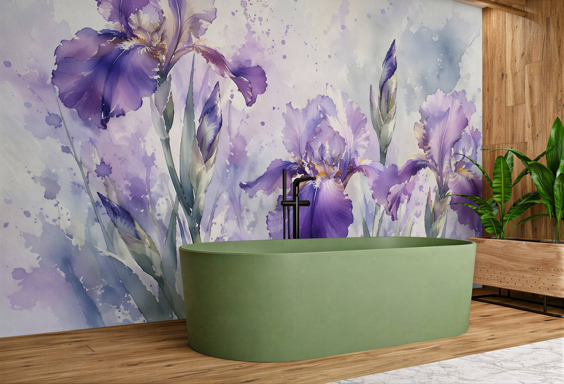 Fototapeten Violette Irisblüten in Aquarell