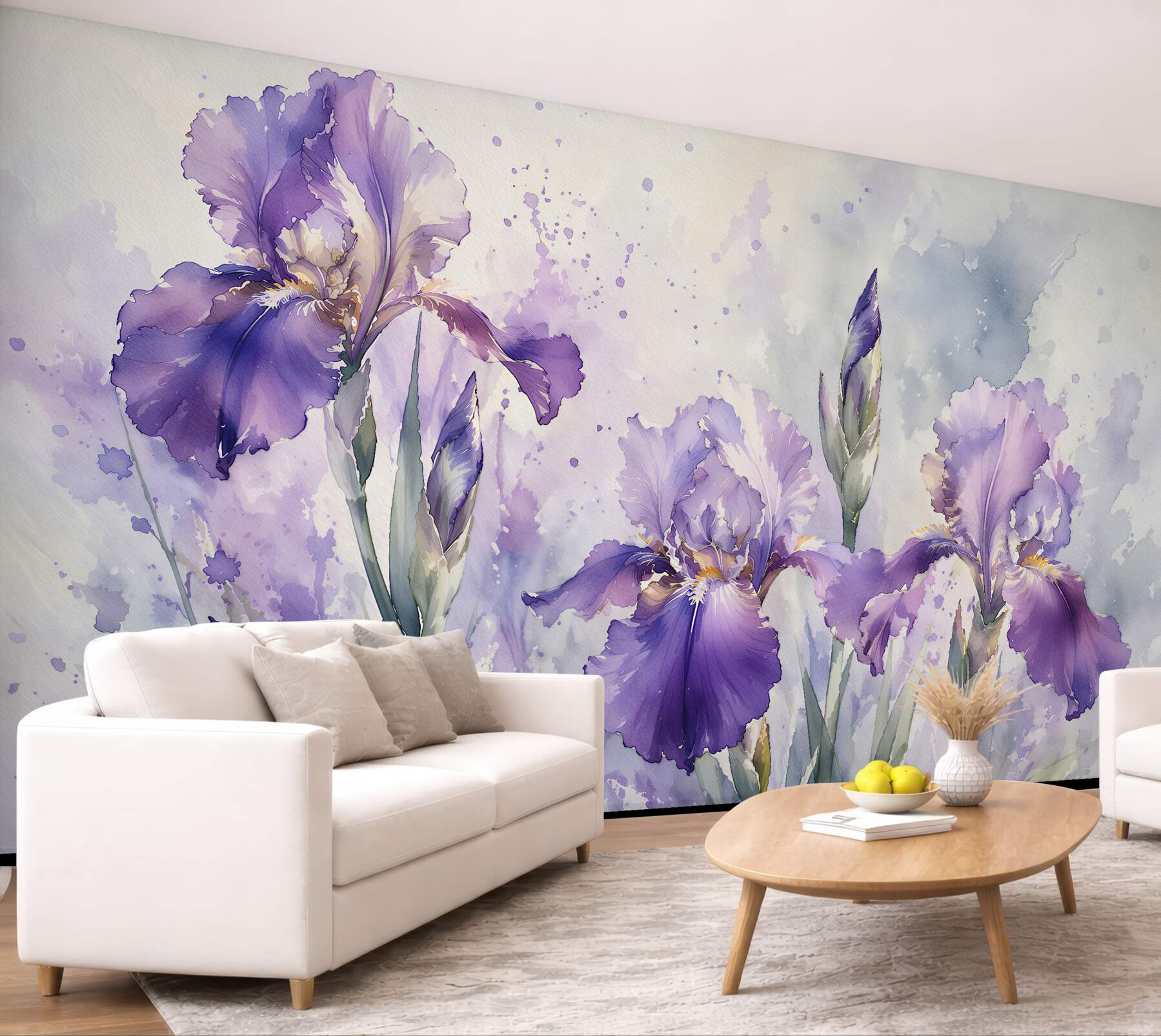Fototapeten Violette Irisblüten in Aquarell