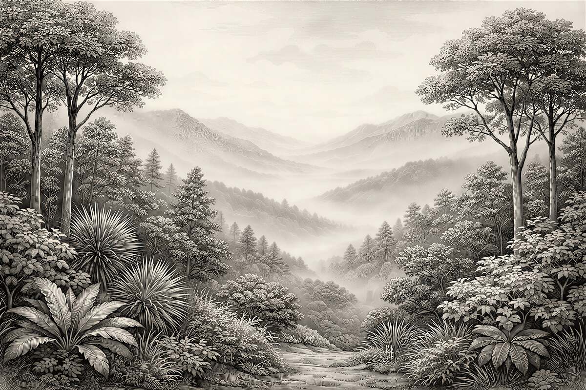 Fototapeten Neblige Retro-Waldlandschaft