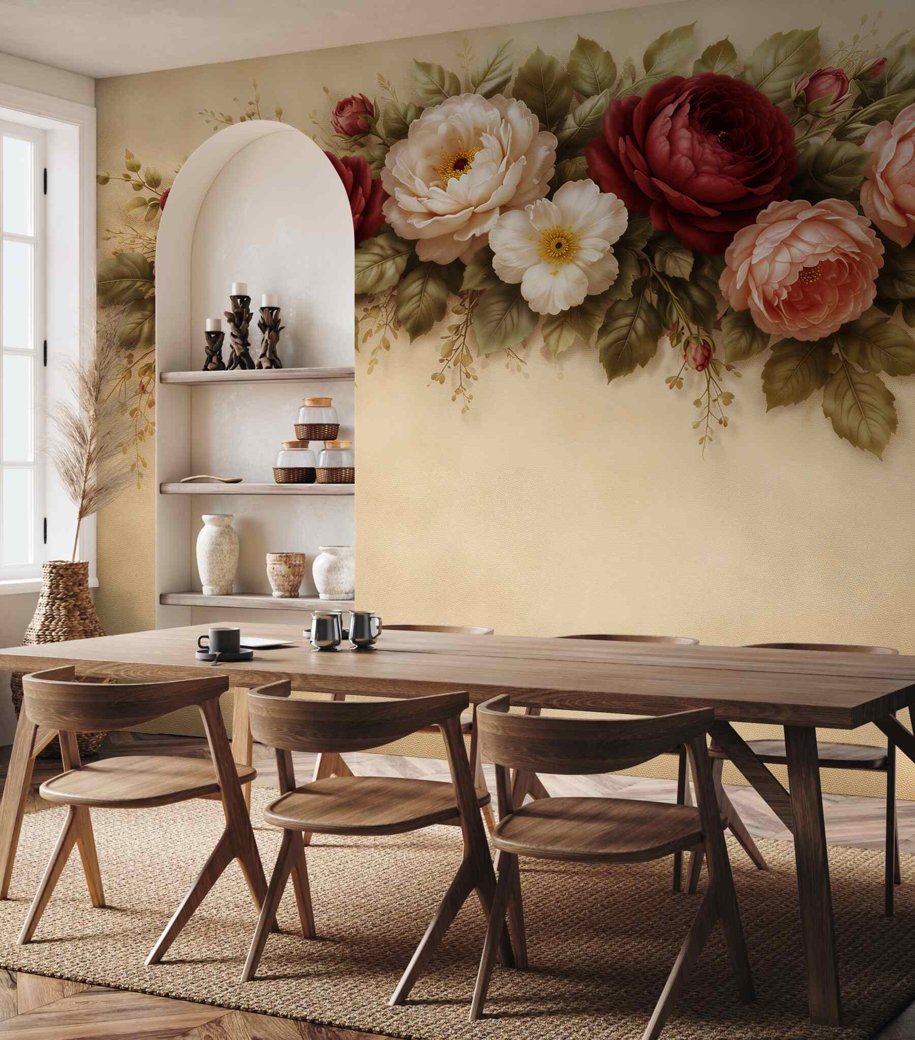Fototapeten Klassische Blumengirlande in Beige