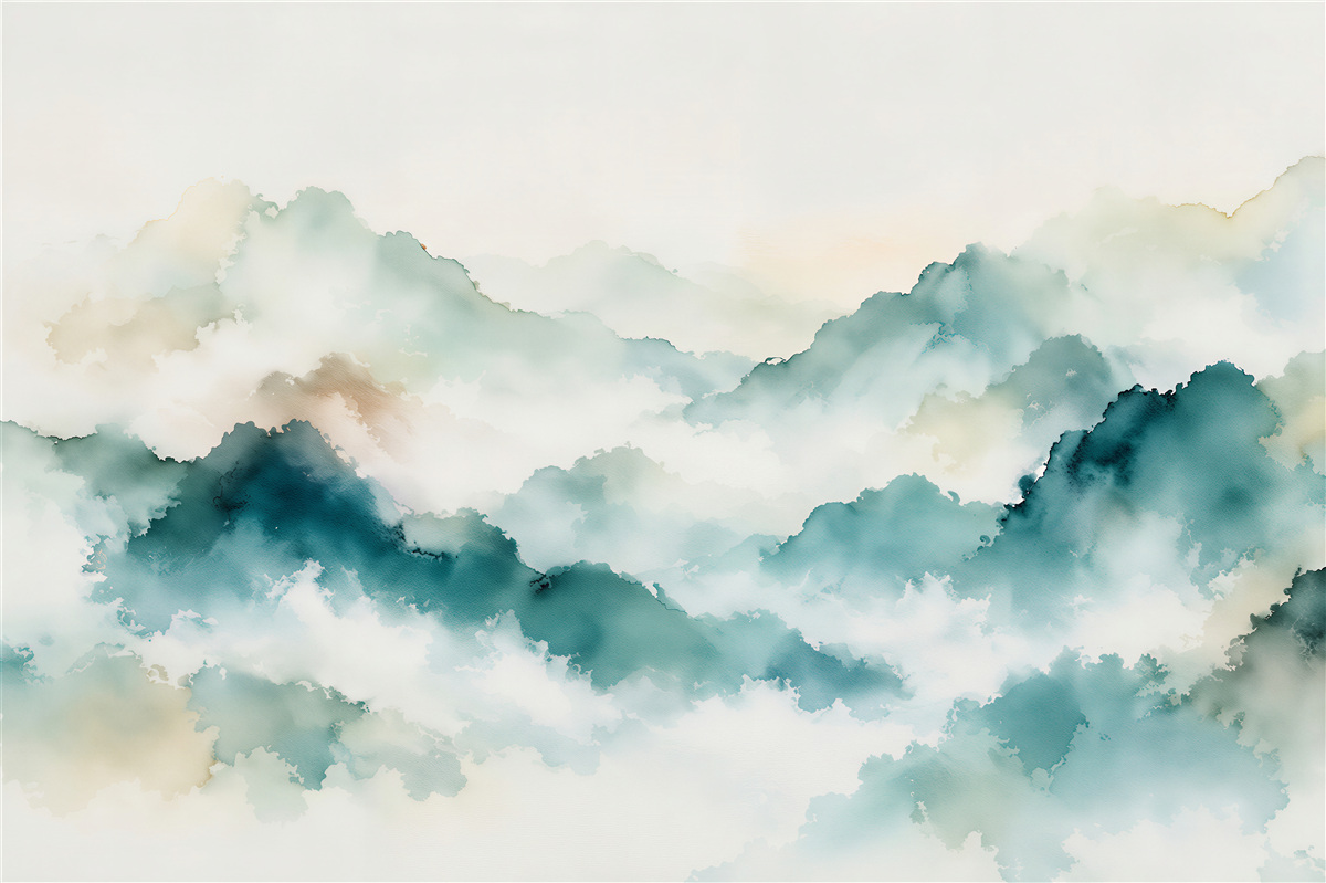 Fototapeten Aquarellberge im leichten Nebel