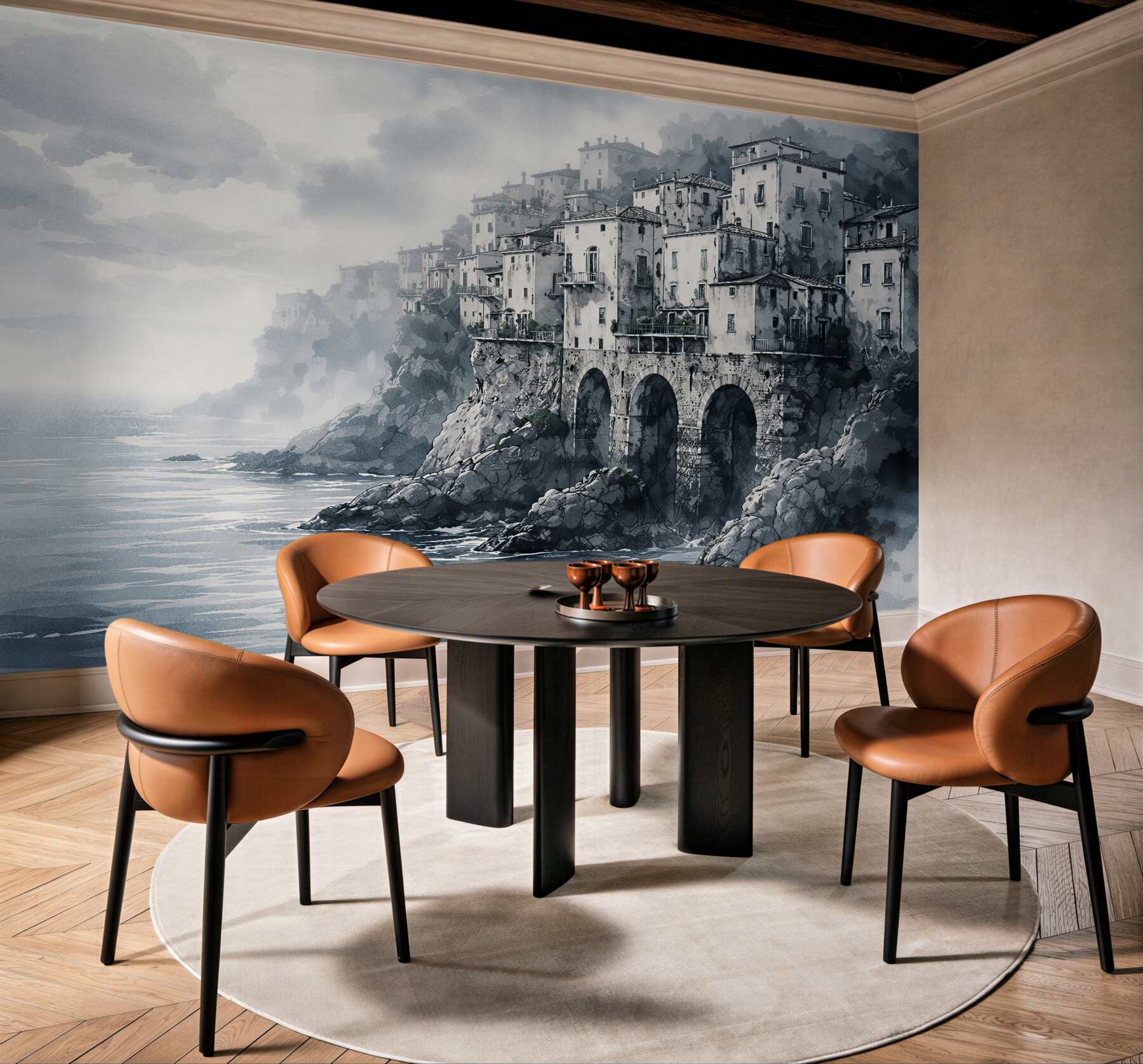 Fototapeten Küstenstädtchen in grauer Aquarellmalerei