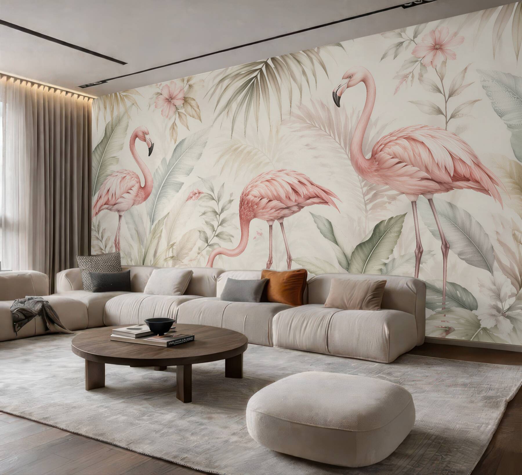 Fototapeten Pastellfarbene Flamingos im tropischen Garten
