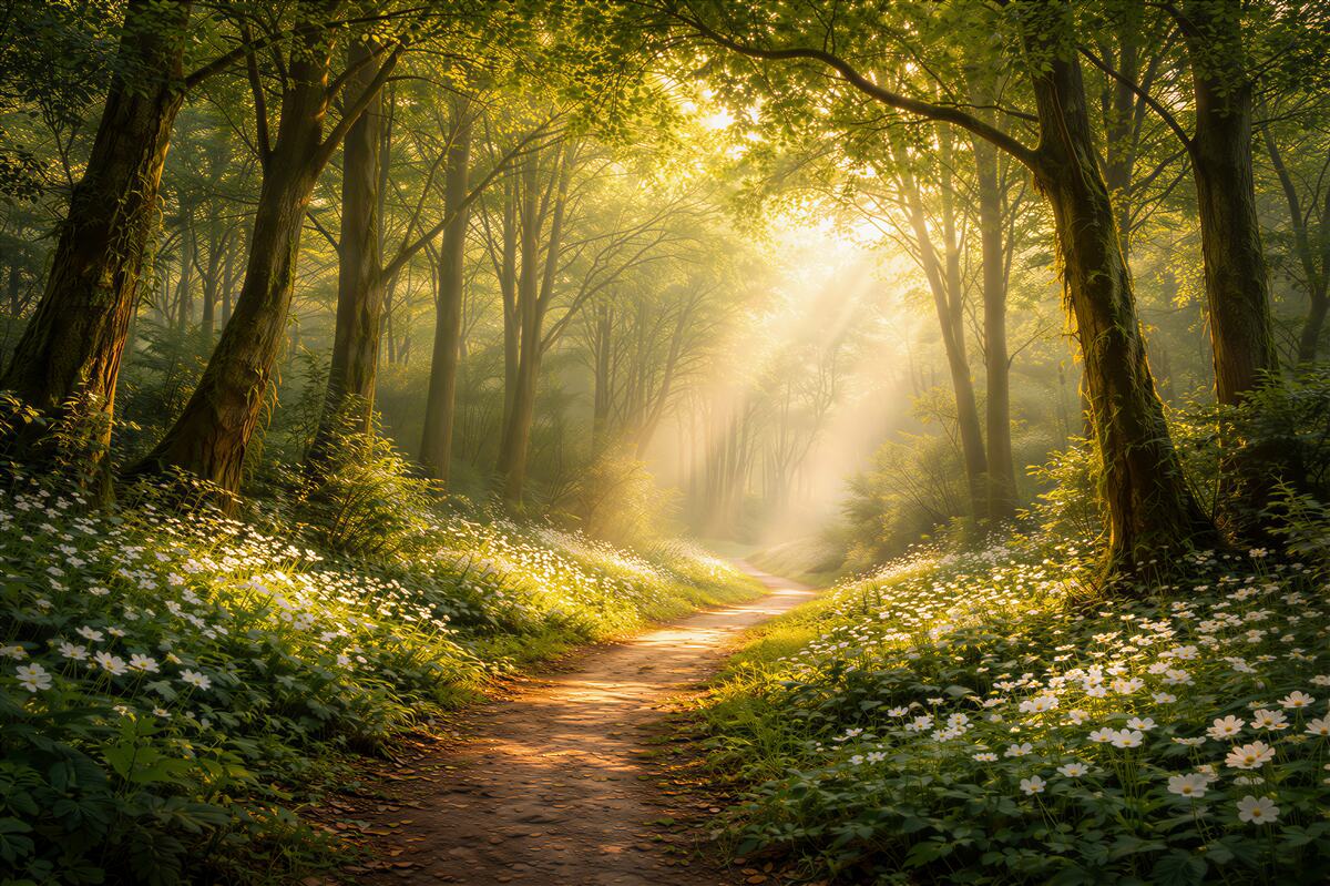 Fototapeten Waldweg in Sonnenstrahlen