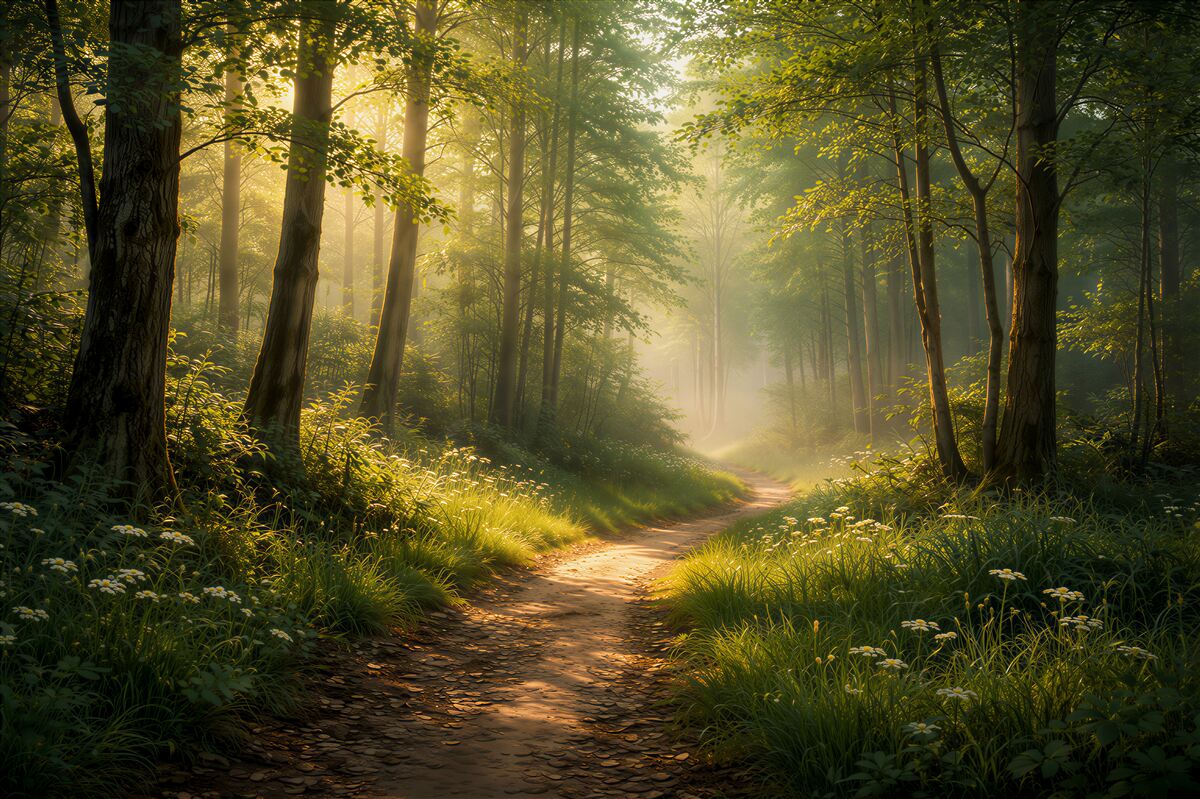 Fototapeten Sonnige Straße durch einen ruhigen Wald