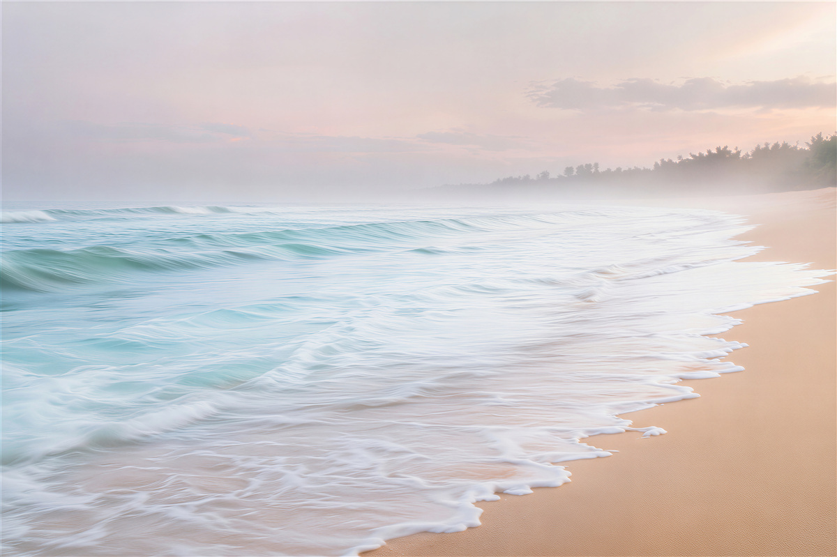 Fototapeten Nebliger Morgen über dem ruhigen Strand