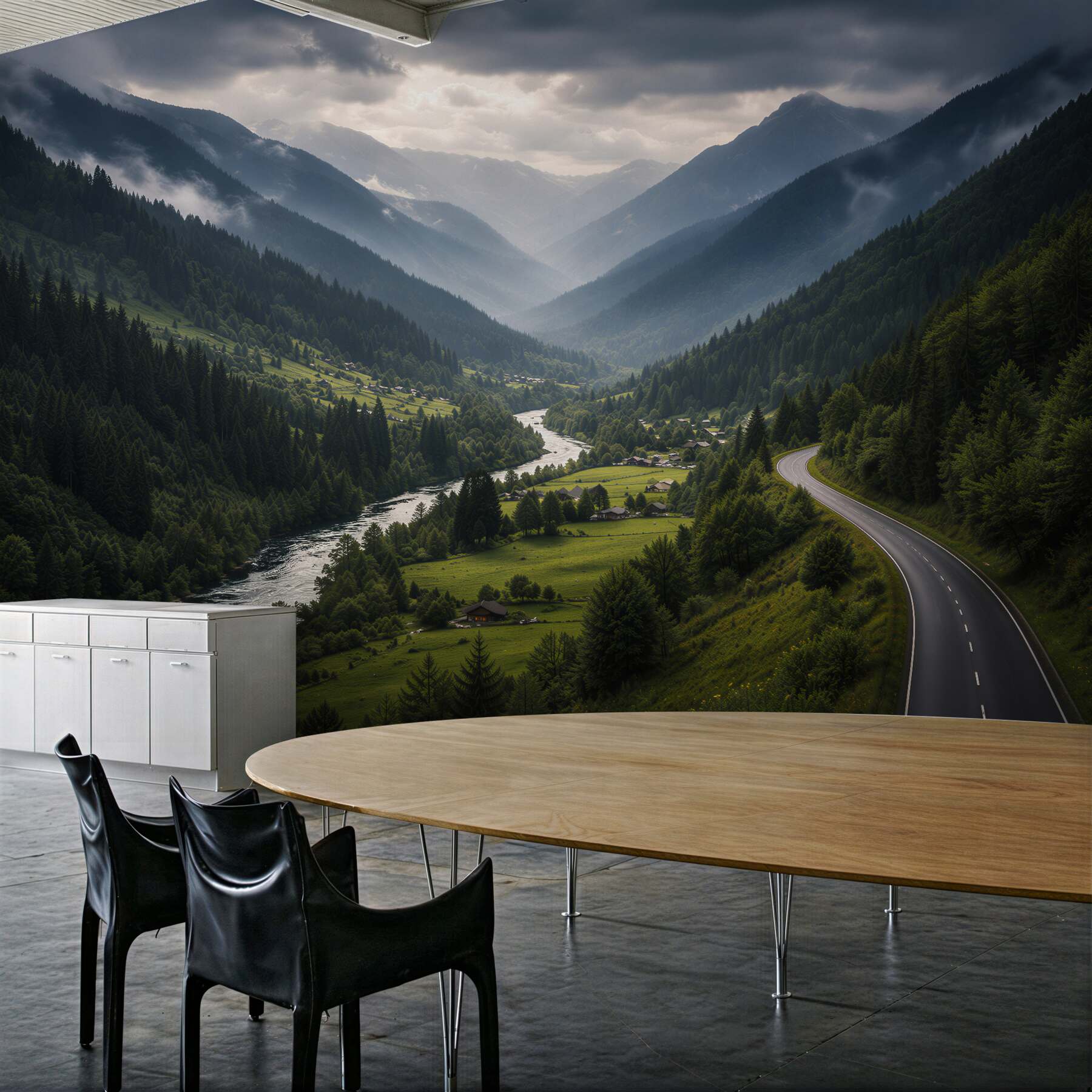 Fototapeten Malerisches Tal mit sich schlängelnder Straße