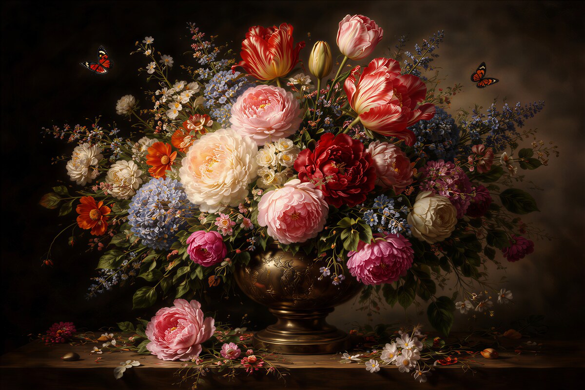 Fototapeten Barocker Blumenstrauß im Dunkel