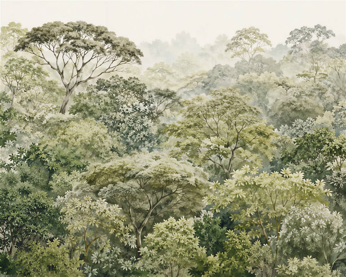 Fototapeten Neblige Waldlandschaft in Aquarell
