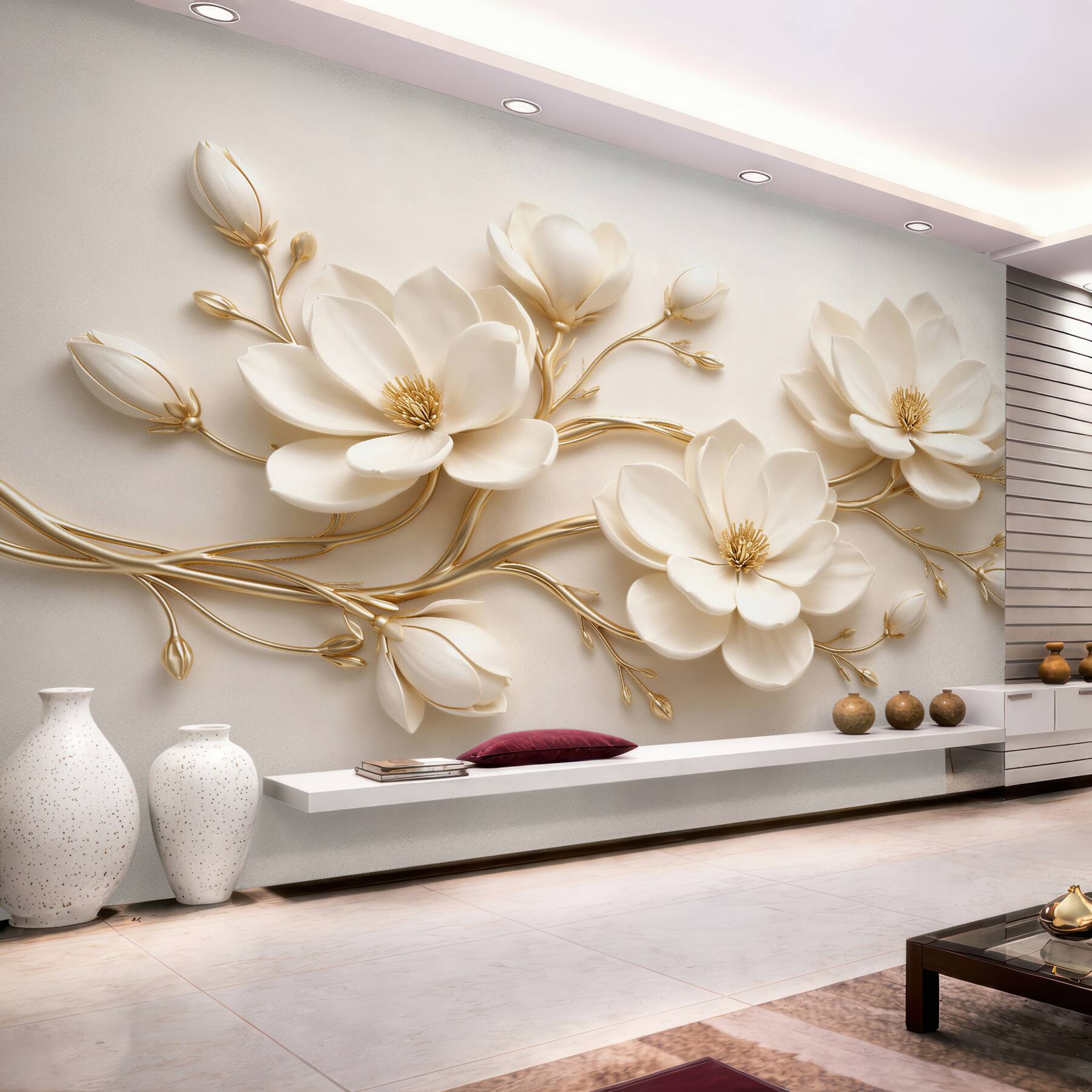 Fototapeten Cremefarbene Magnolien mit Gold