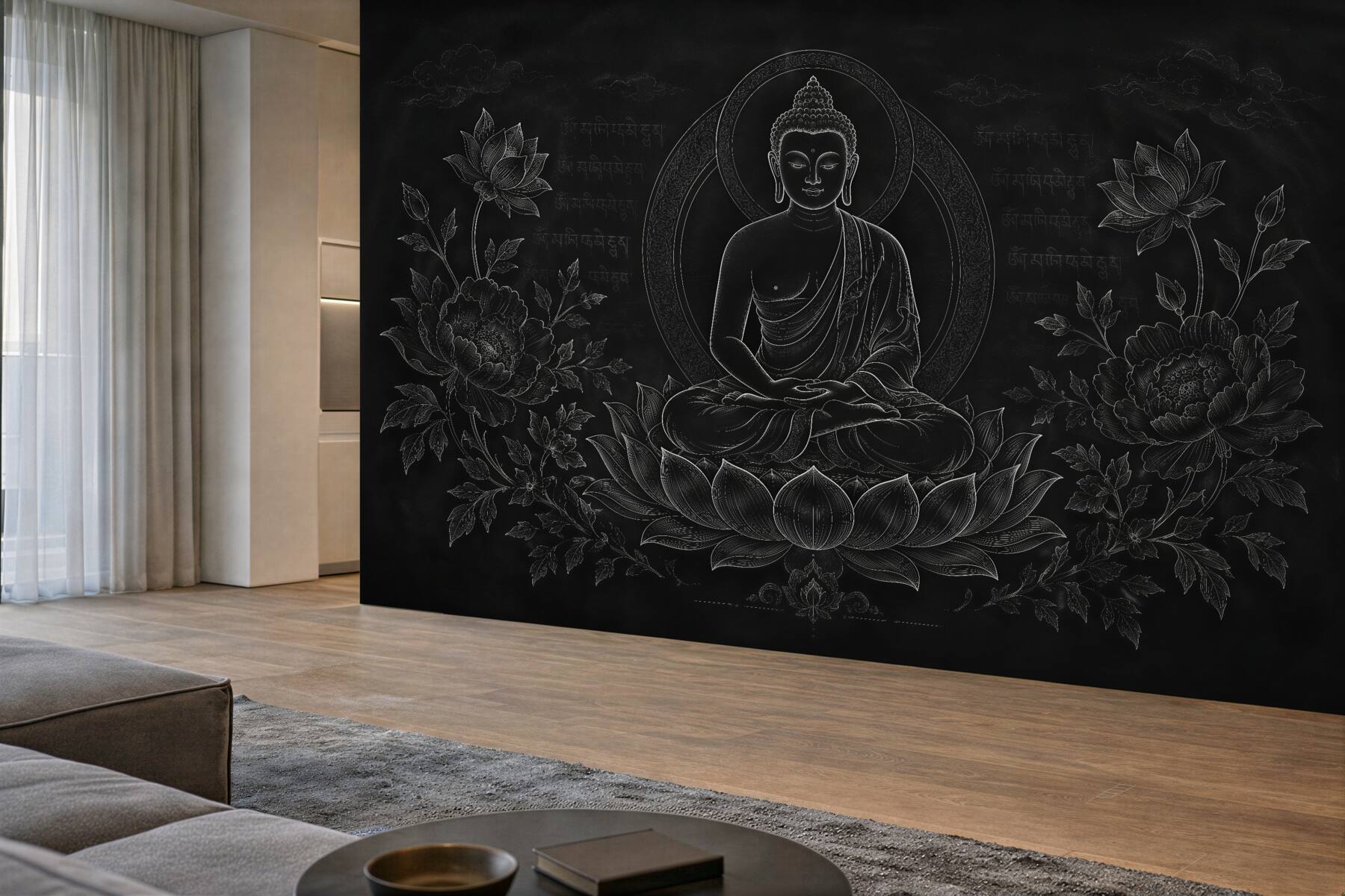 Fototapeten Meditierender Buddha in Schwarz