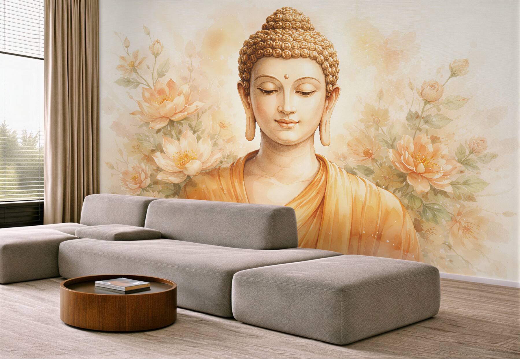 Fototapeten Goldener Buddha in Blumen