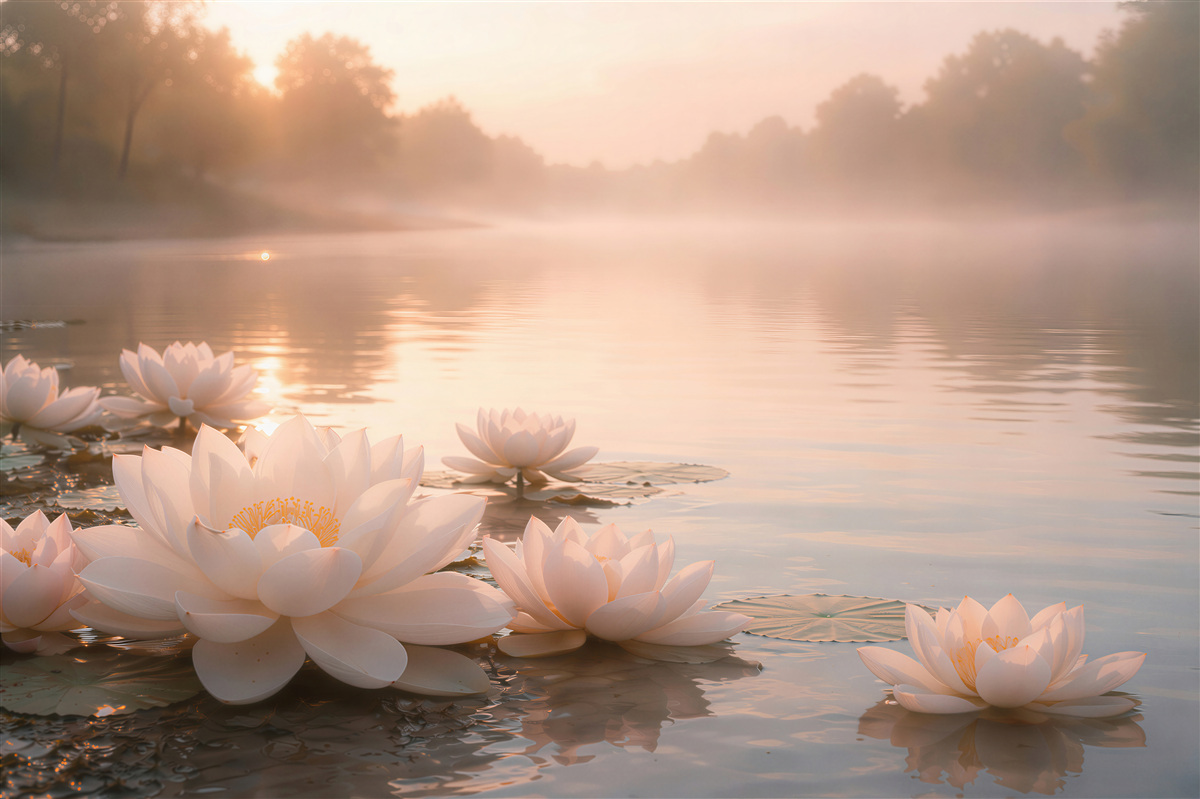 Fototapeten Lotusblüten im Morgengrauen auf dem See