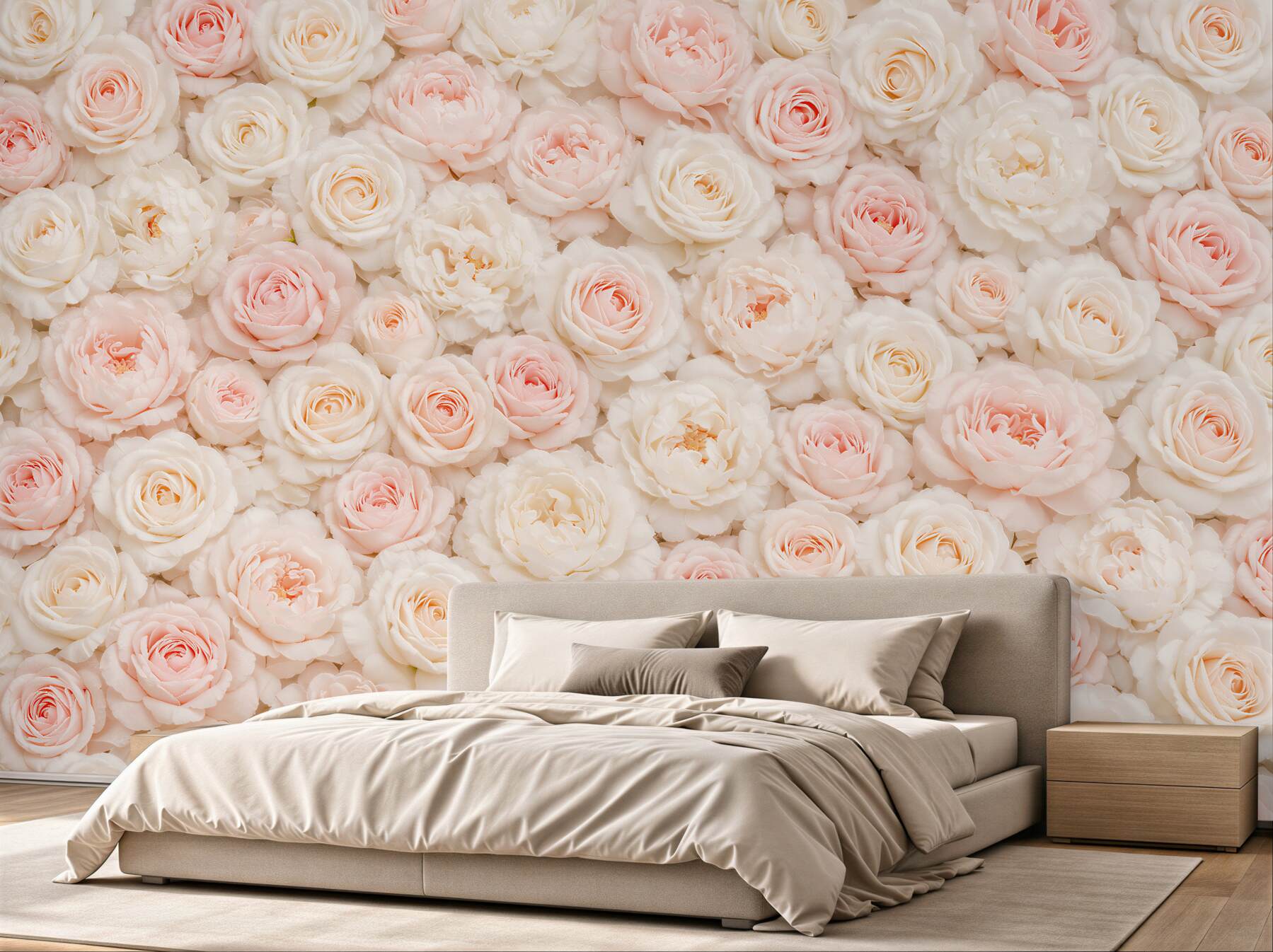 Fototapeten Puderrosa Rosen und cremefarbene Pfingstrosen