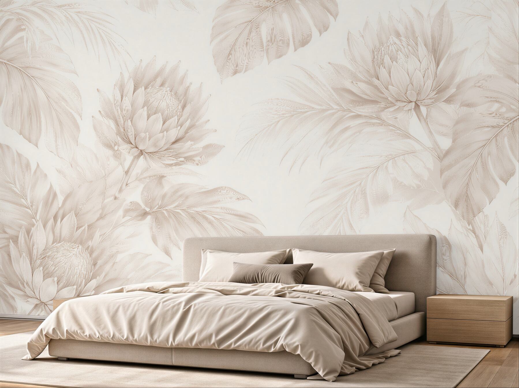 Fototapeten Beige Blätter und zarte Blumen