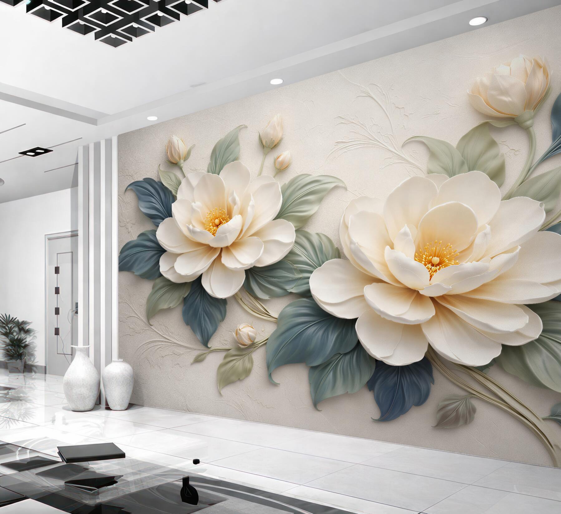 Fototapeten Cremefarbene Blumen im 3D-Stil
