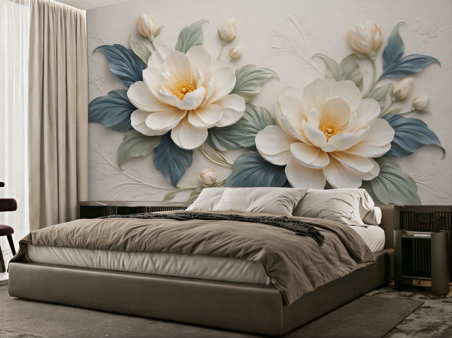 Fototapeten Cremefarbene Blumen im 3D-Stil