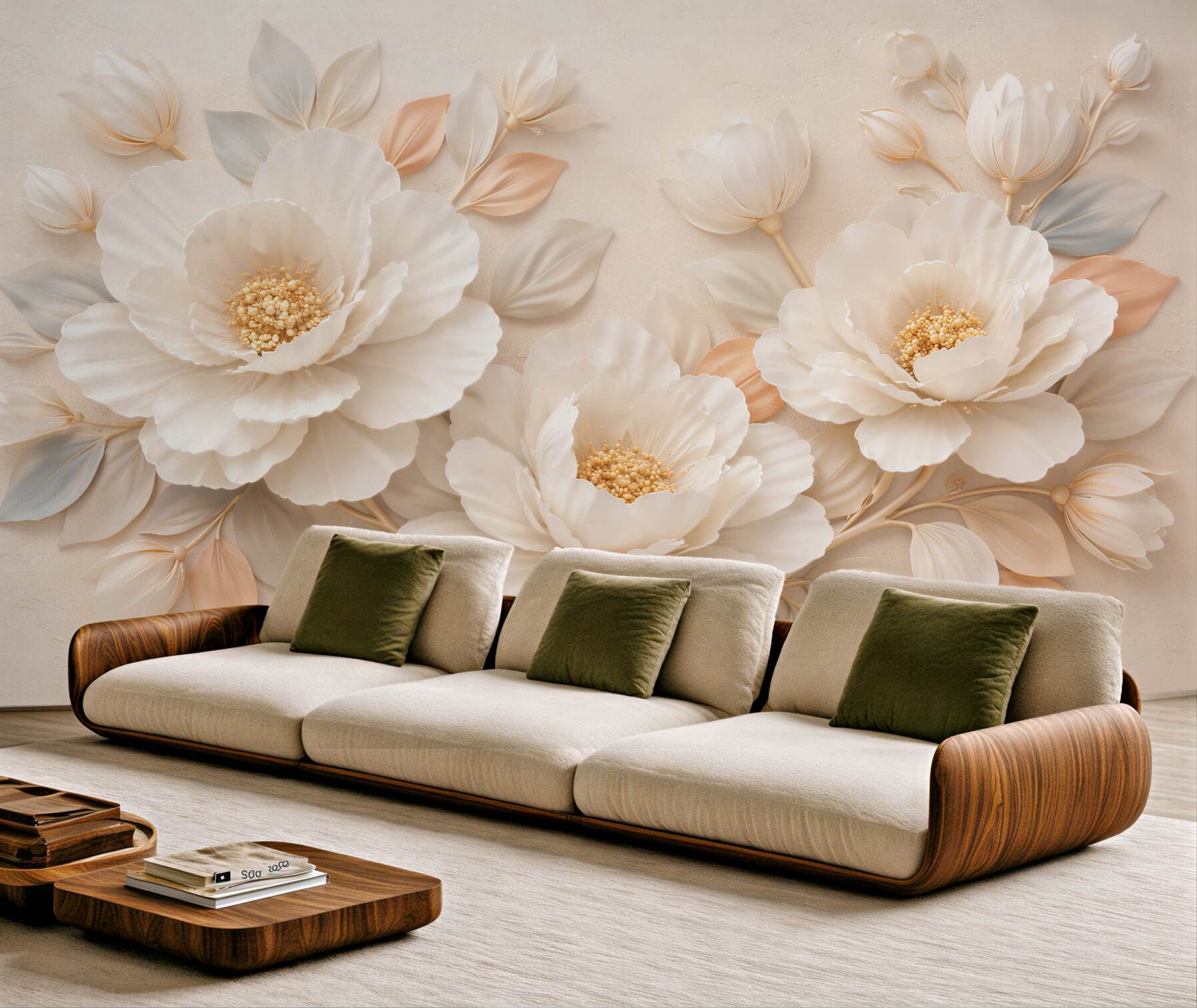 Fototapeten Cremefarbene 3D-Blumen Eleganz