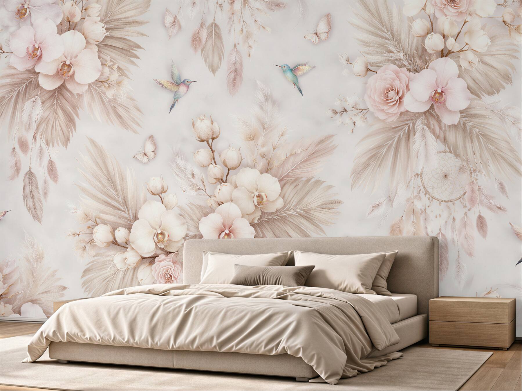 Fototapeten Pastellfarbene Kolibris in floraler Leichtigkeit