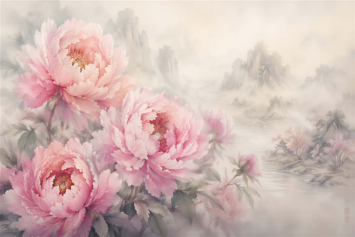 Fototapeten Rosa Pfingstrosen im orientalischen Nebel