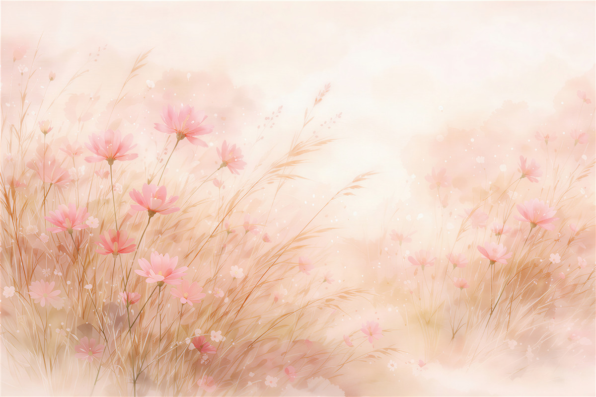 Fototapeten Pastellwiese mit rosa Blumen