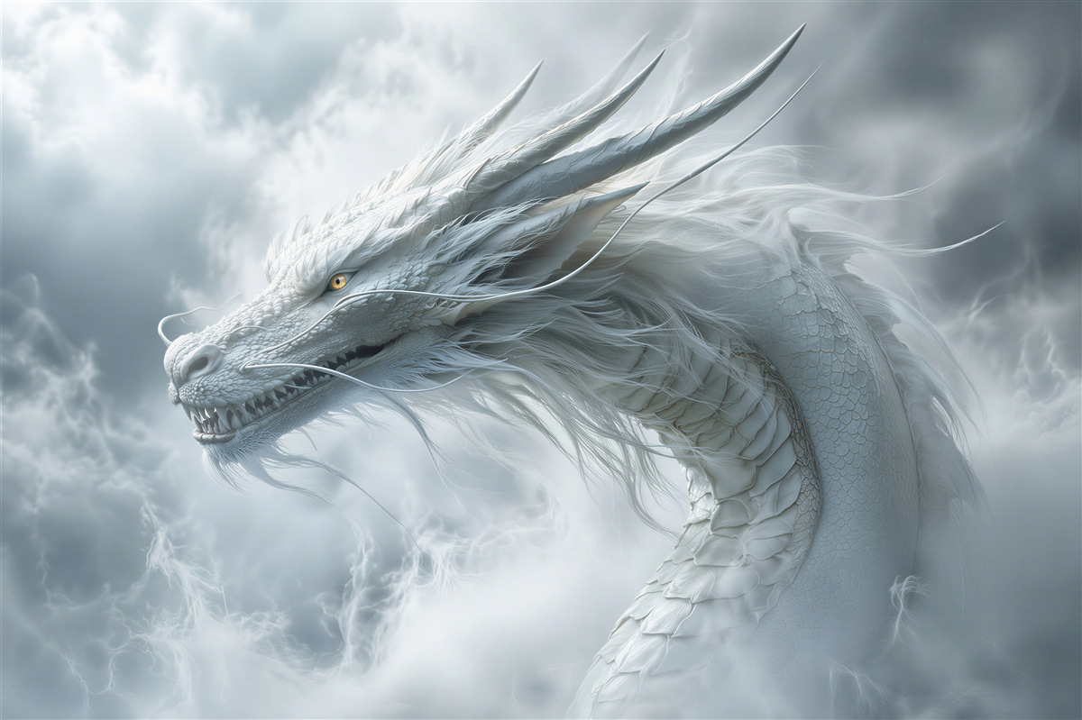 Fototapeten Weißer Drache in stürmischen Wolken