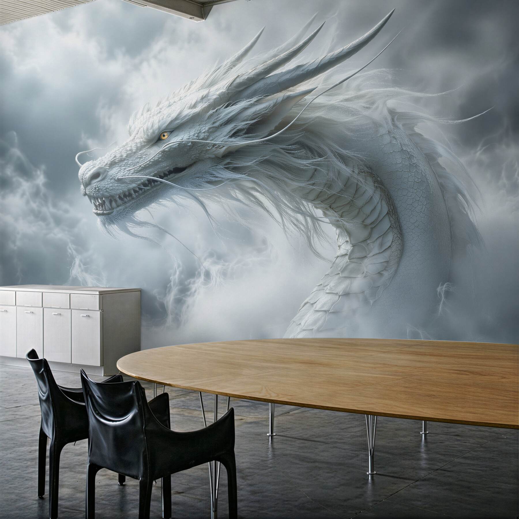 Fototapeten Weißer Drache in stürmischen Wolken