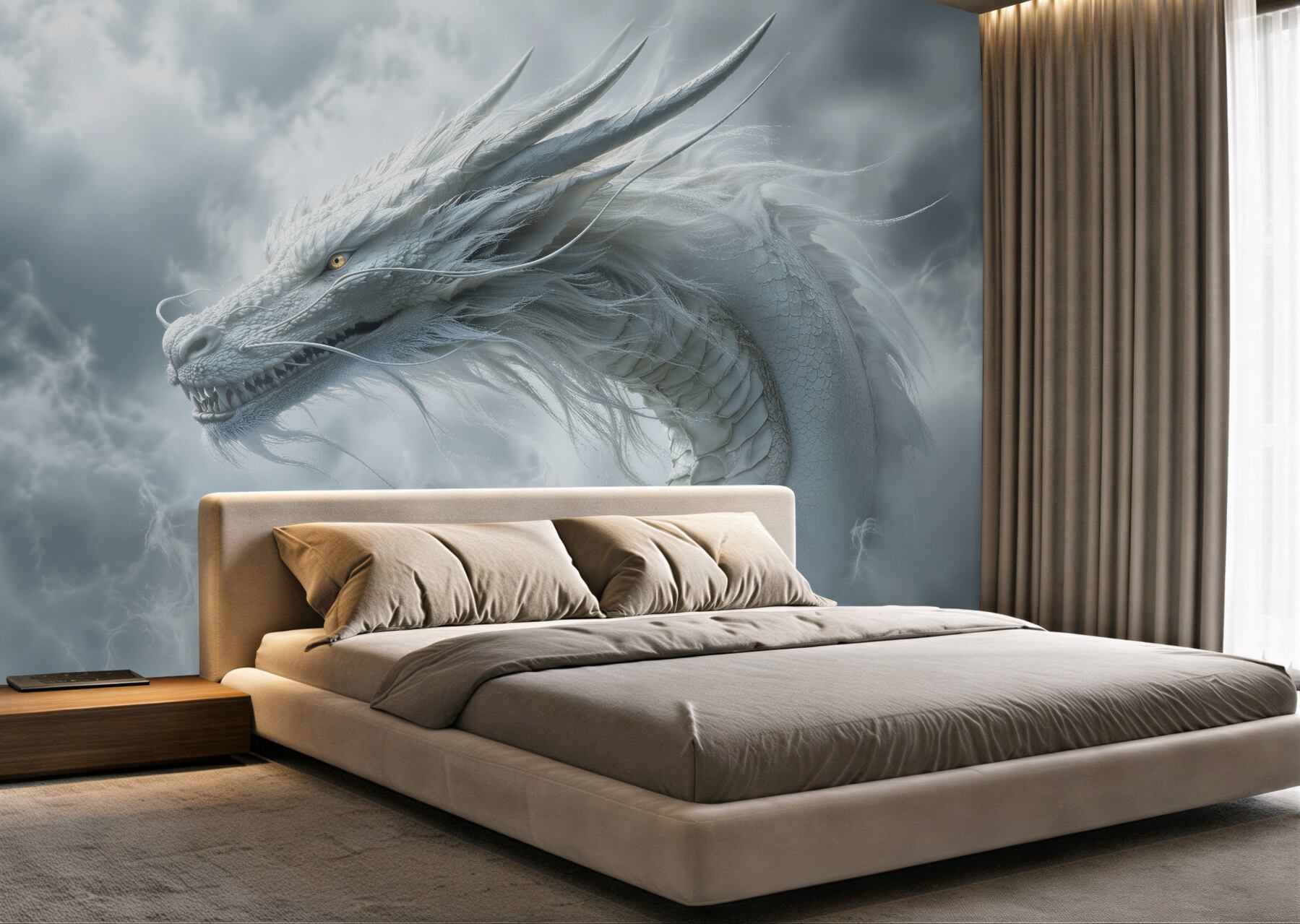 Fototapeten Weißer Drache in stürmischen Wolken