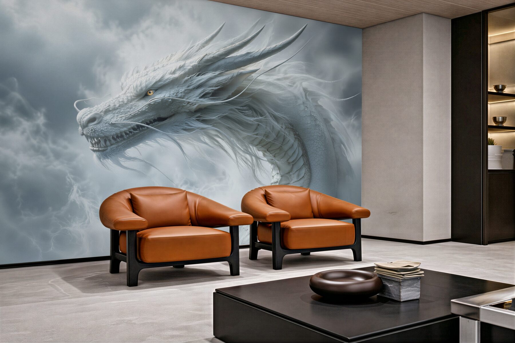 Fototapeten Weißer Drache in stürmischen Wolken
