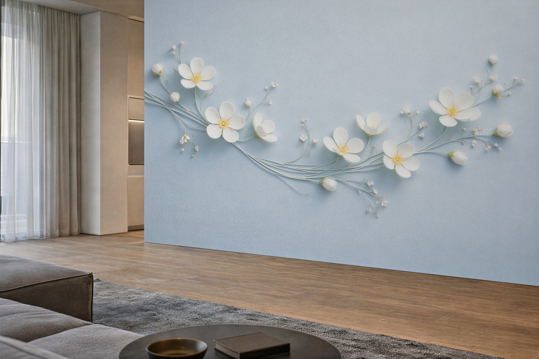 Fototapeten Weiße Blumen auf blauem Relief