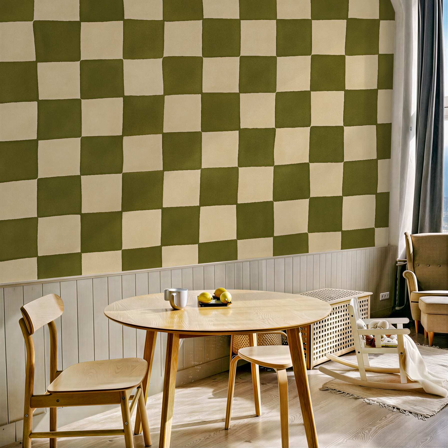 Fototapeten Olivgrünes Schachbrett im Retro-Stil