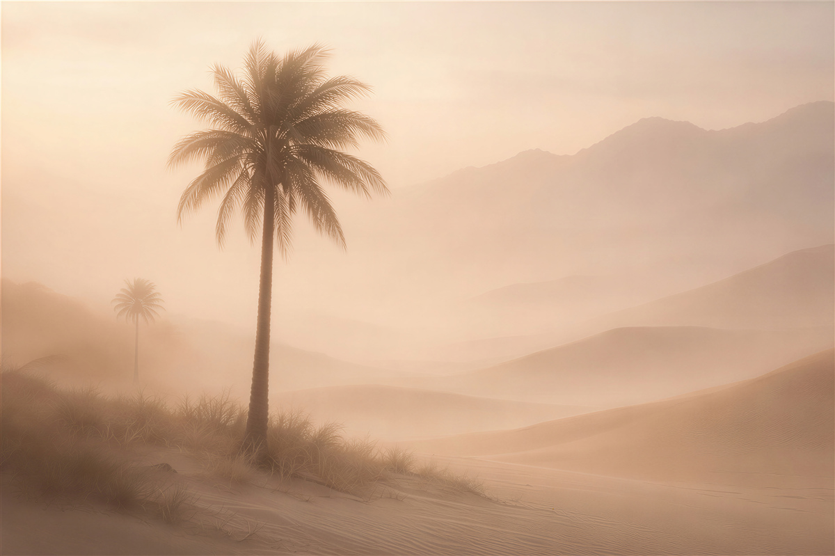Fototapeten Neblige Wüste mit Palme