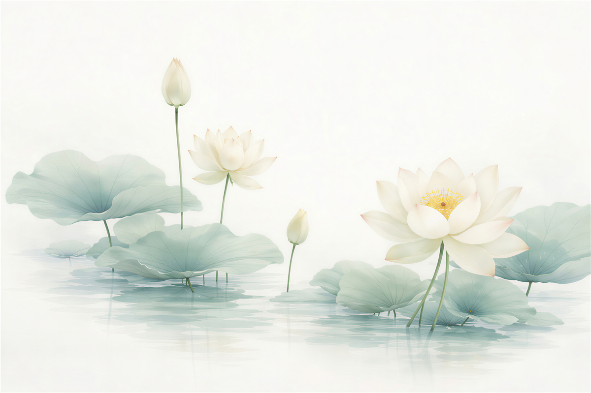 Fototapeten Weiße Lotusblumen auf ruhigem Wasser