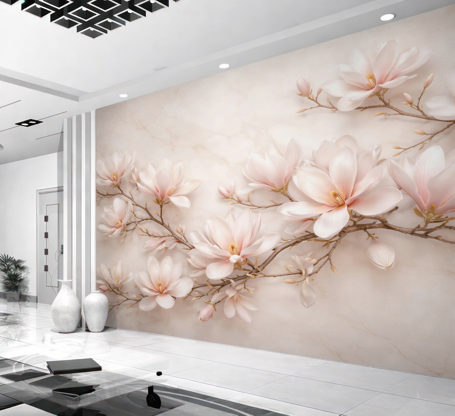 Fototapeten Zarte Magnolien auf Marmor
