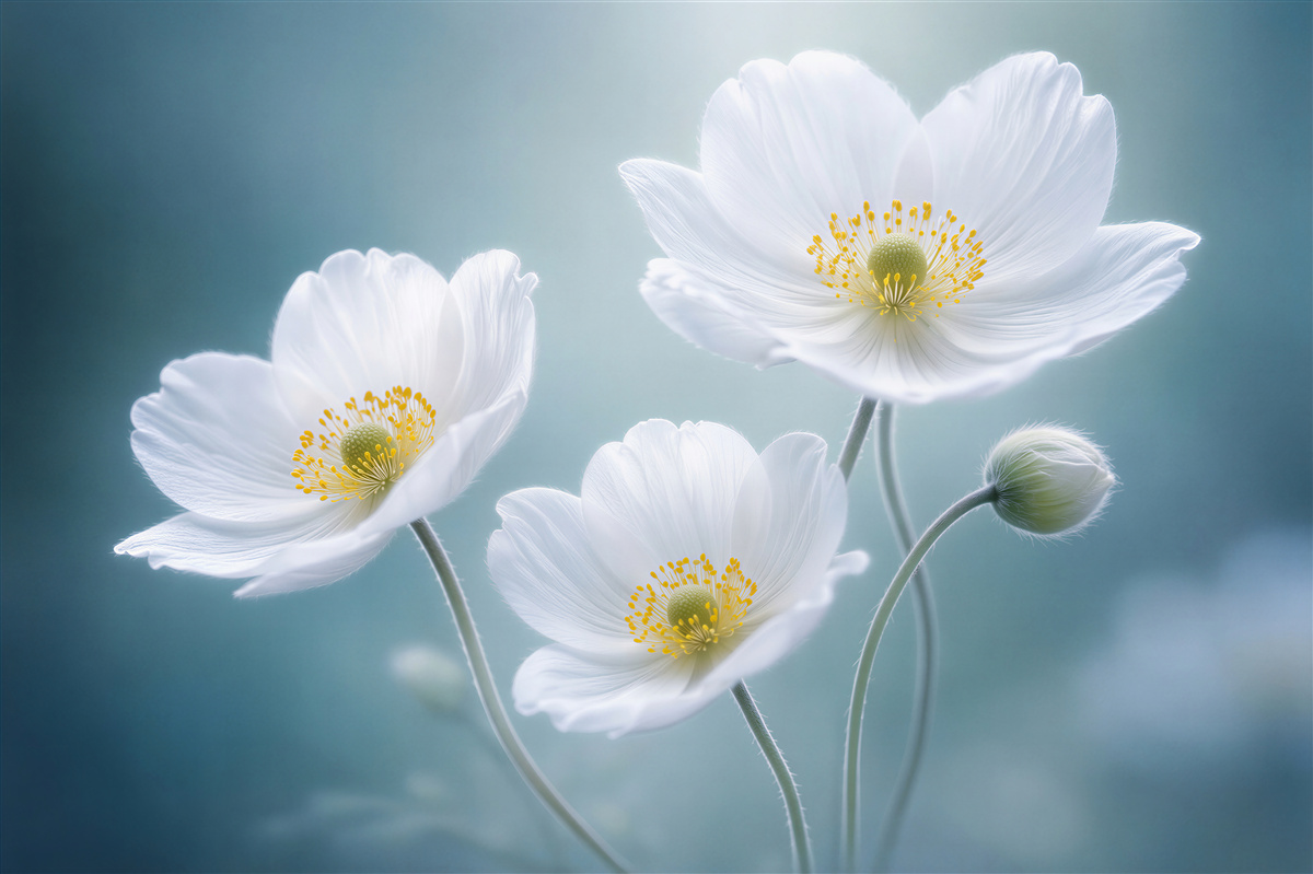 Fototapeten Ätherische weiße Blumen in Blau