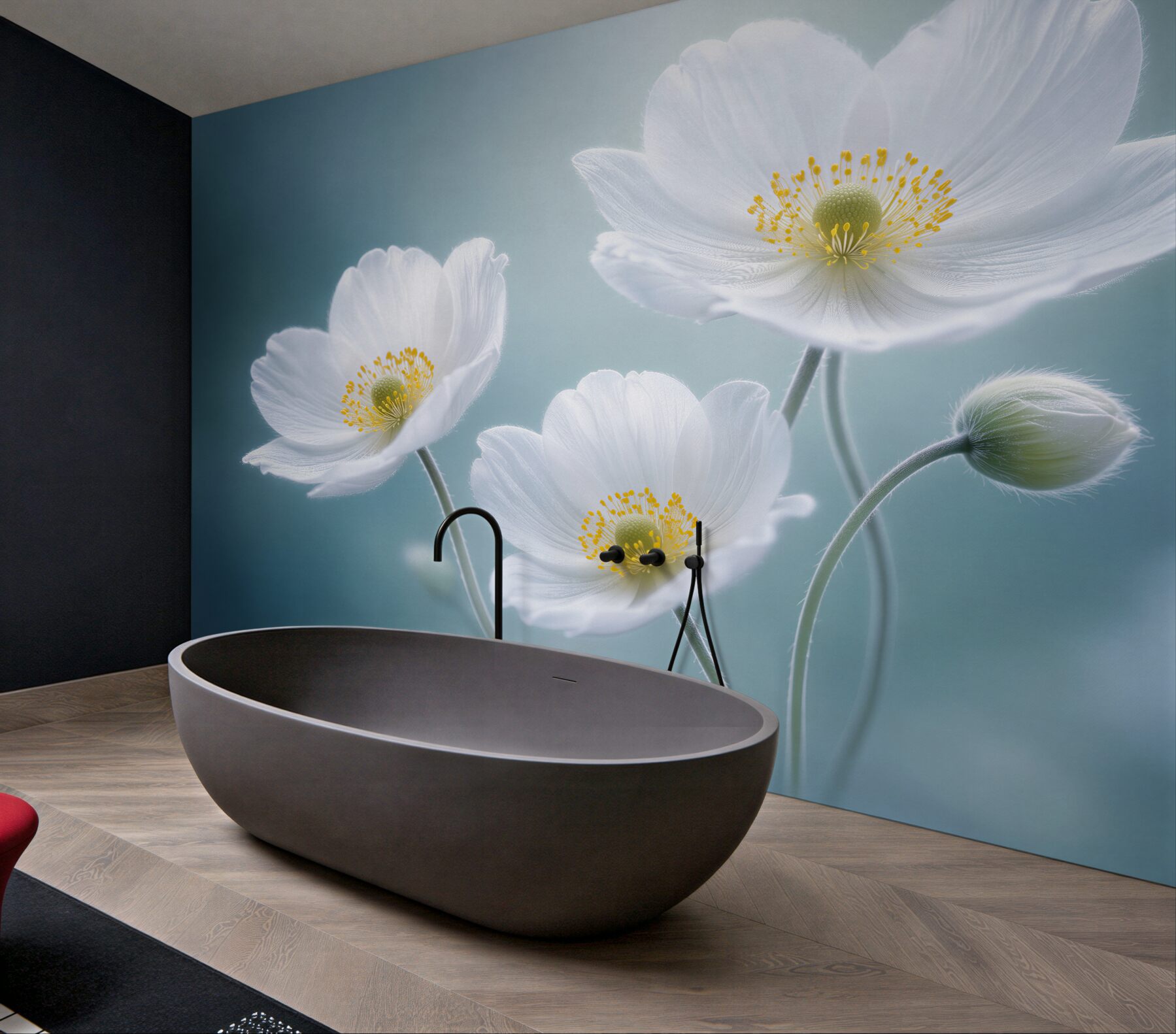 Fototapeten Ätherische weiße Blumen in Blau