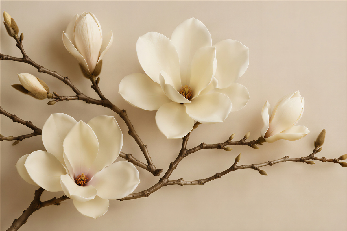 Fototapeten Cremige Magnolien auf zarten Zweigen