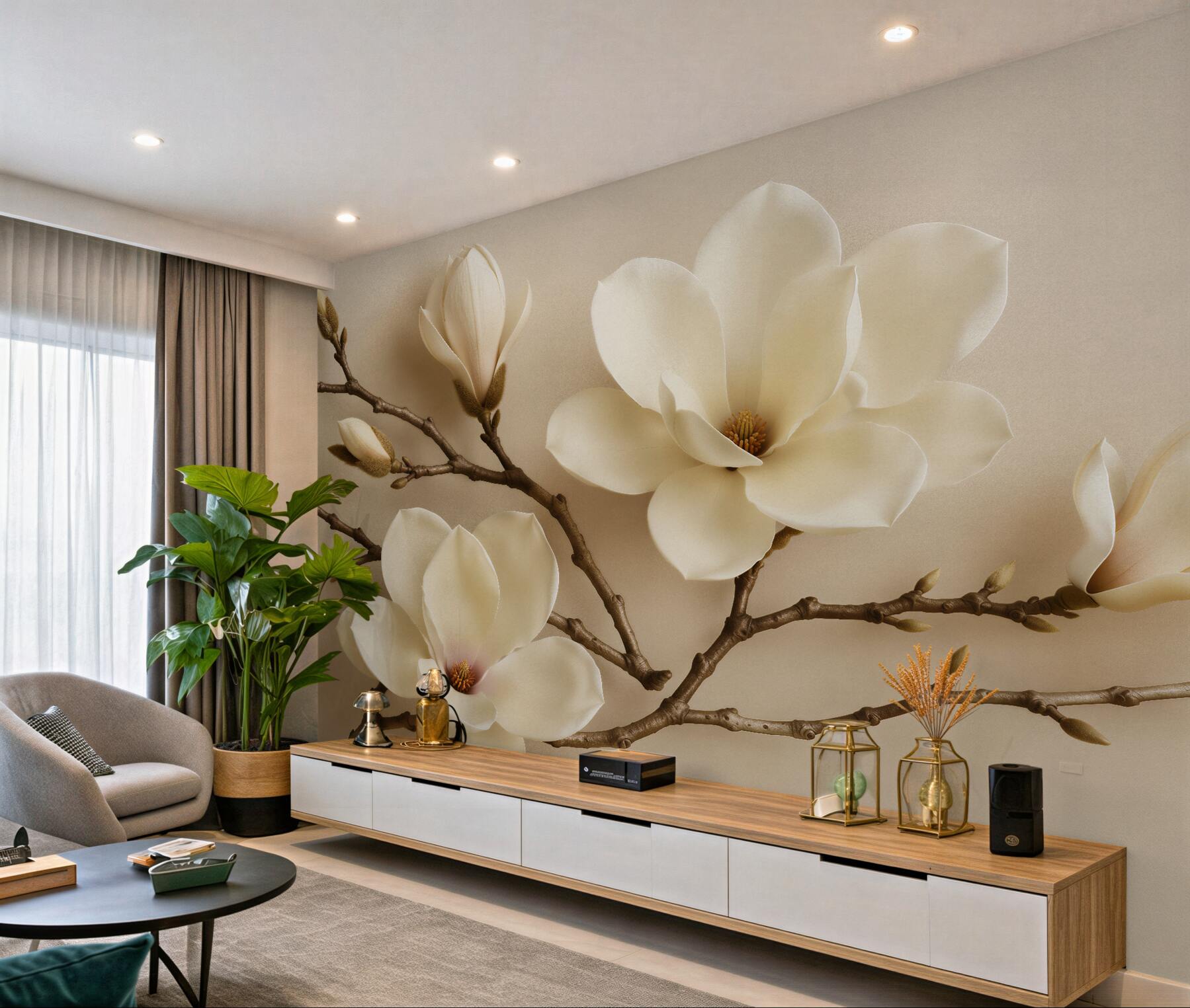 Fototapeten Cremige Magnolien auf zarten Zweigen