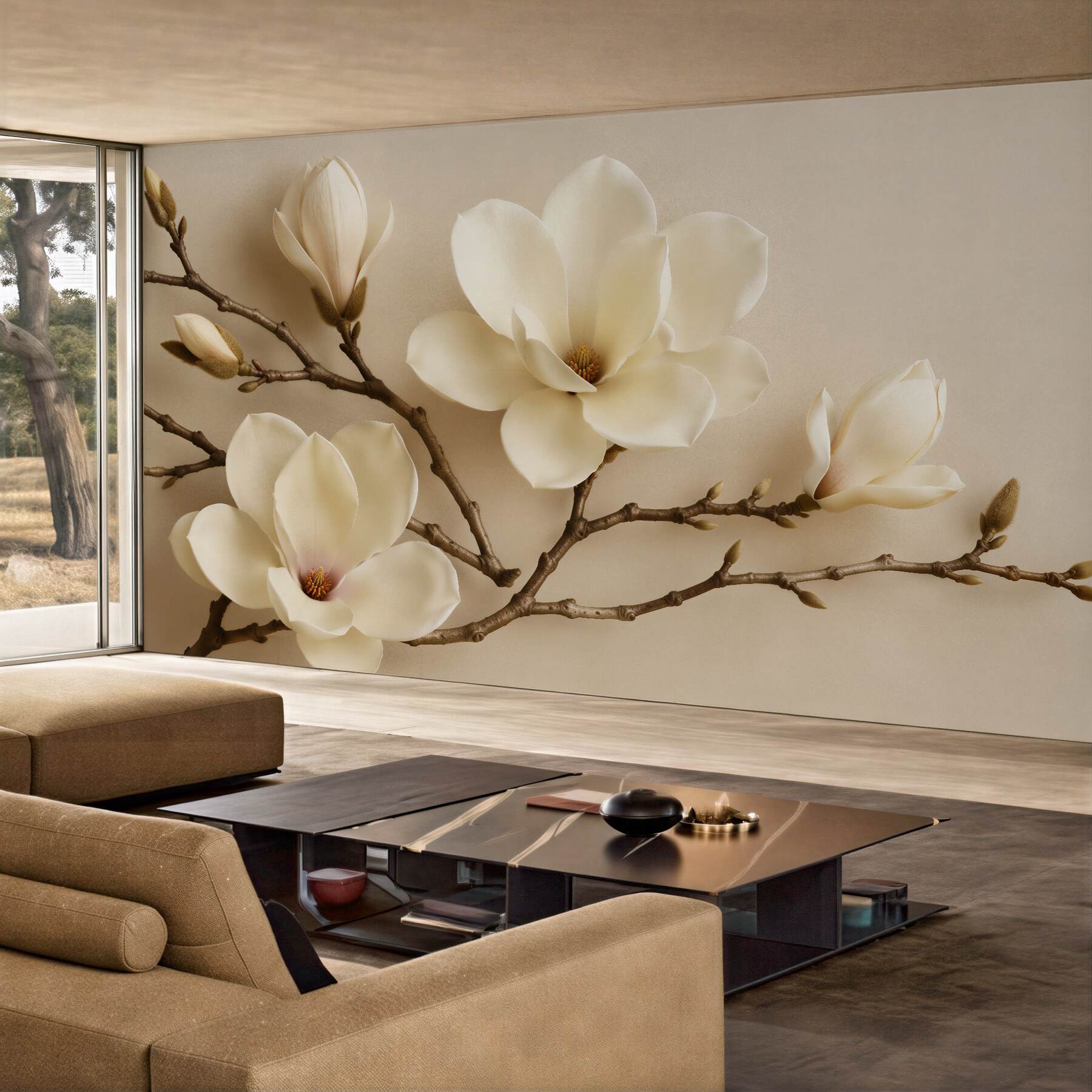 Fototapeten Cremige Magnolien auf zarten Zweigen