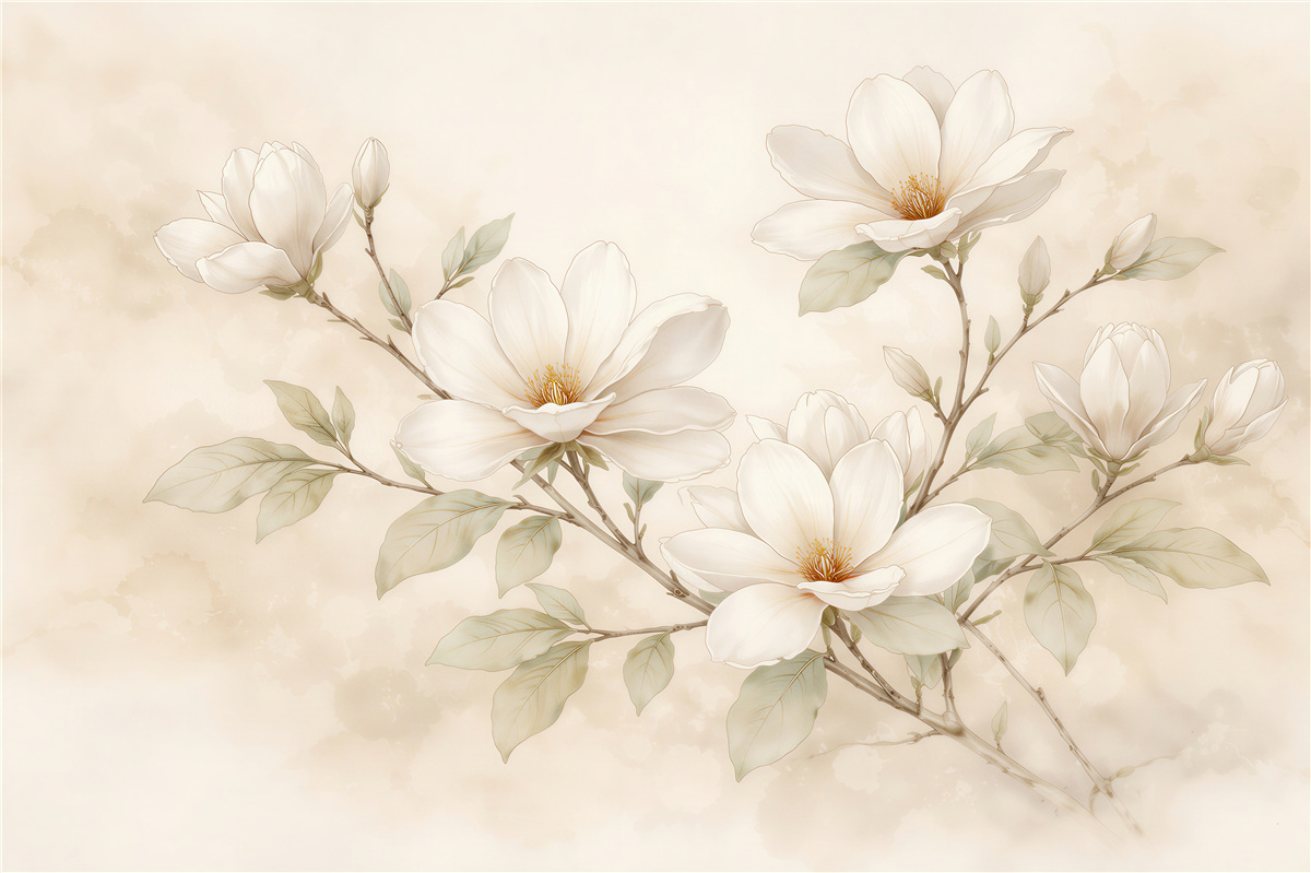 Fototapeten Cremige Magnolie in zarter Blüte