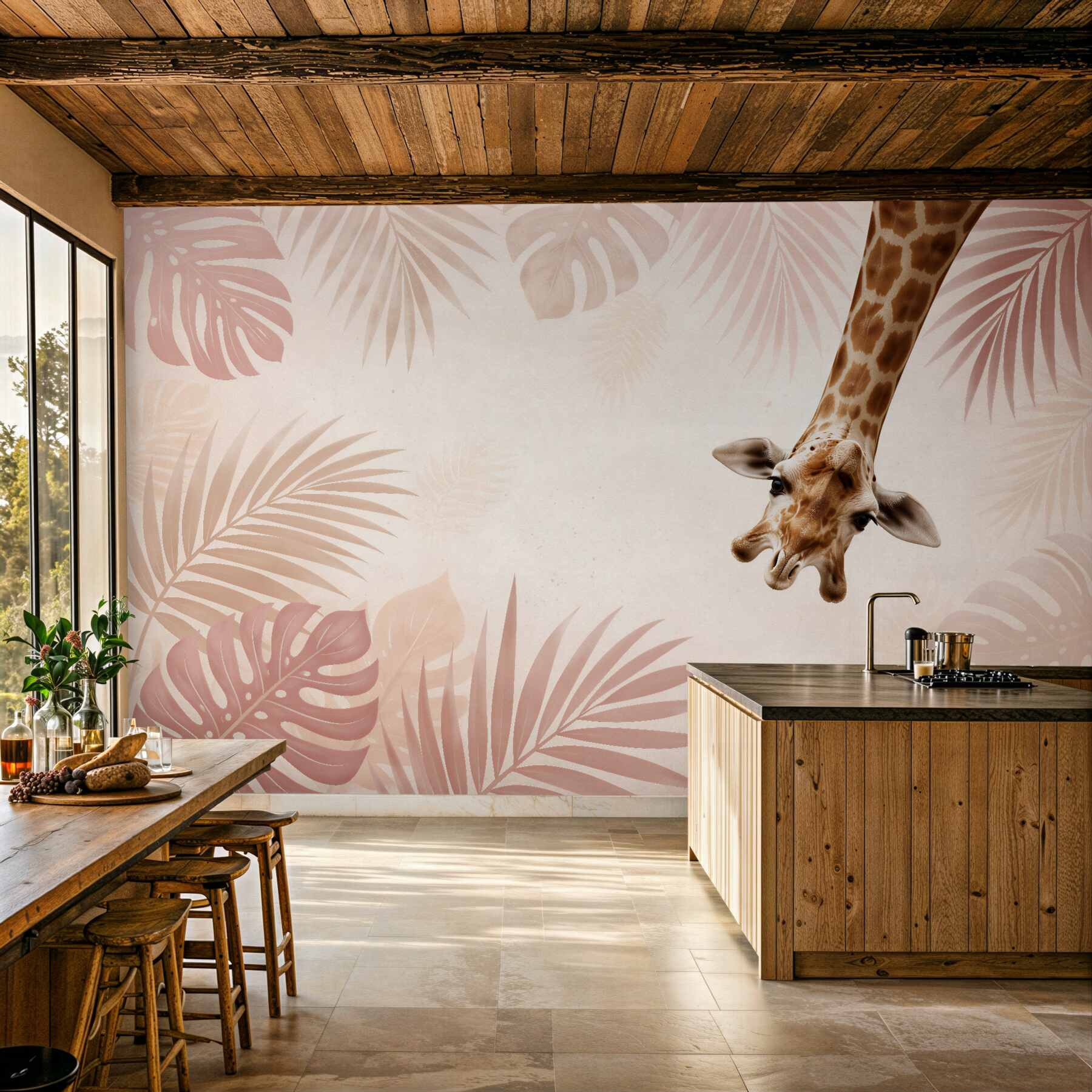 Fototapeten Giraffe in puderfarbenen Blättern